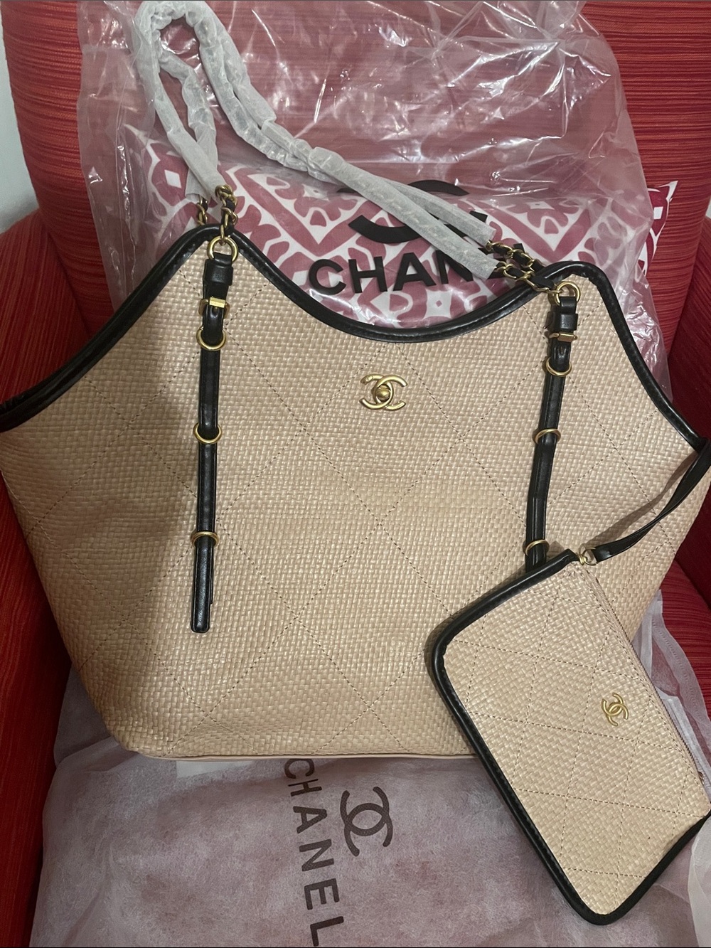Beaute Beige Raffia Tote with Black Trim and Gold Hardware